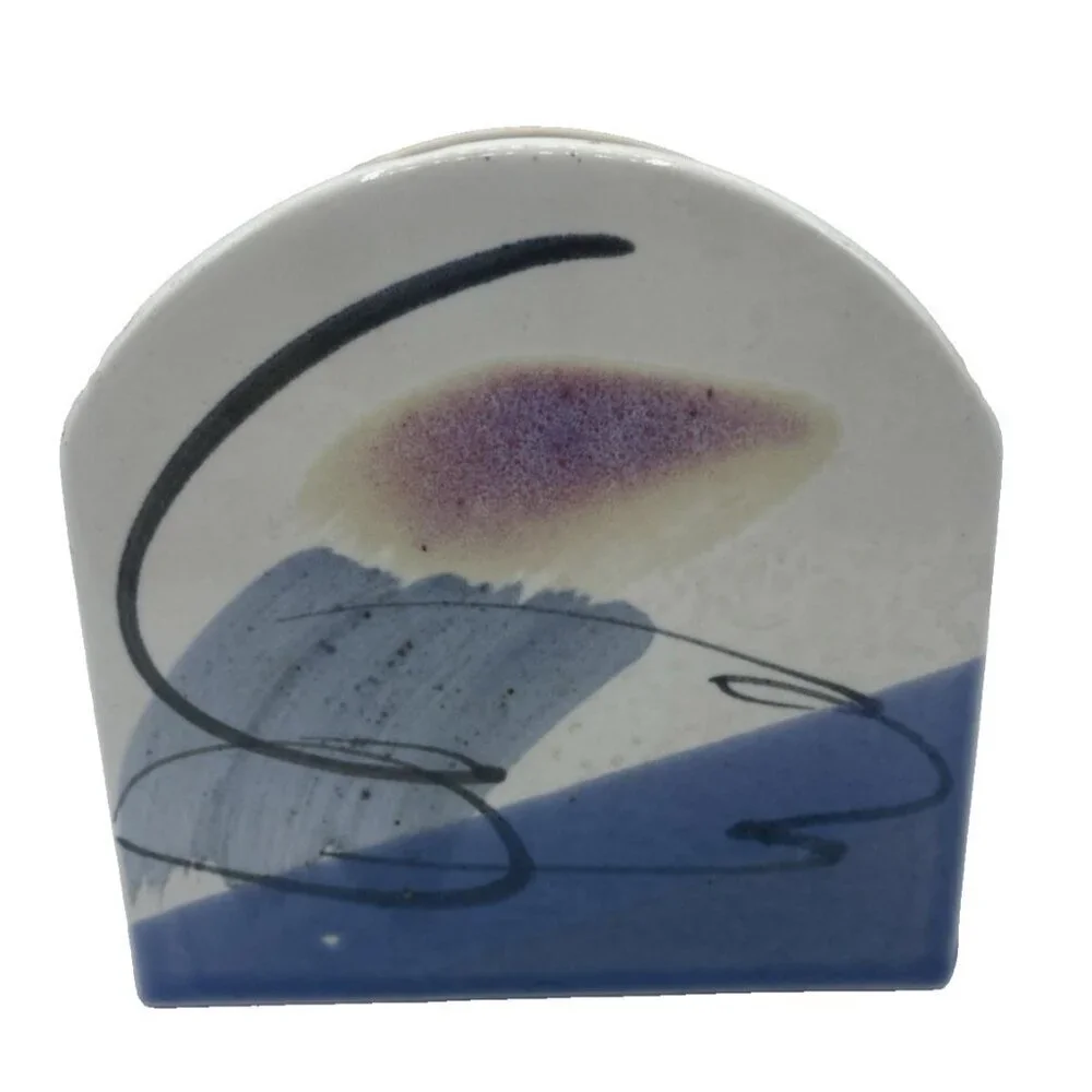Vintage Handmade Pottery Blue Napkin Holder Coastal Kitchen Decor Seagull
